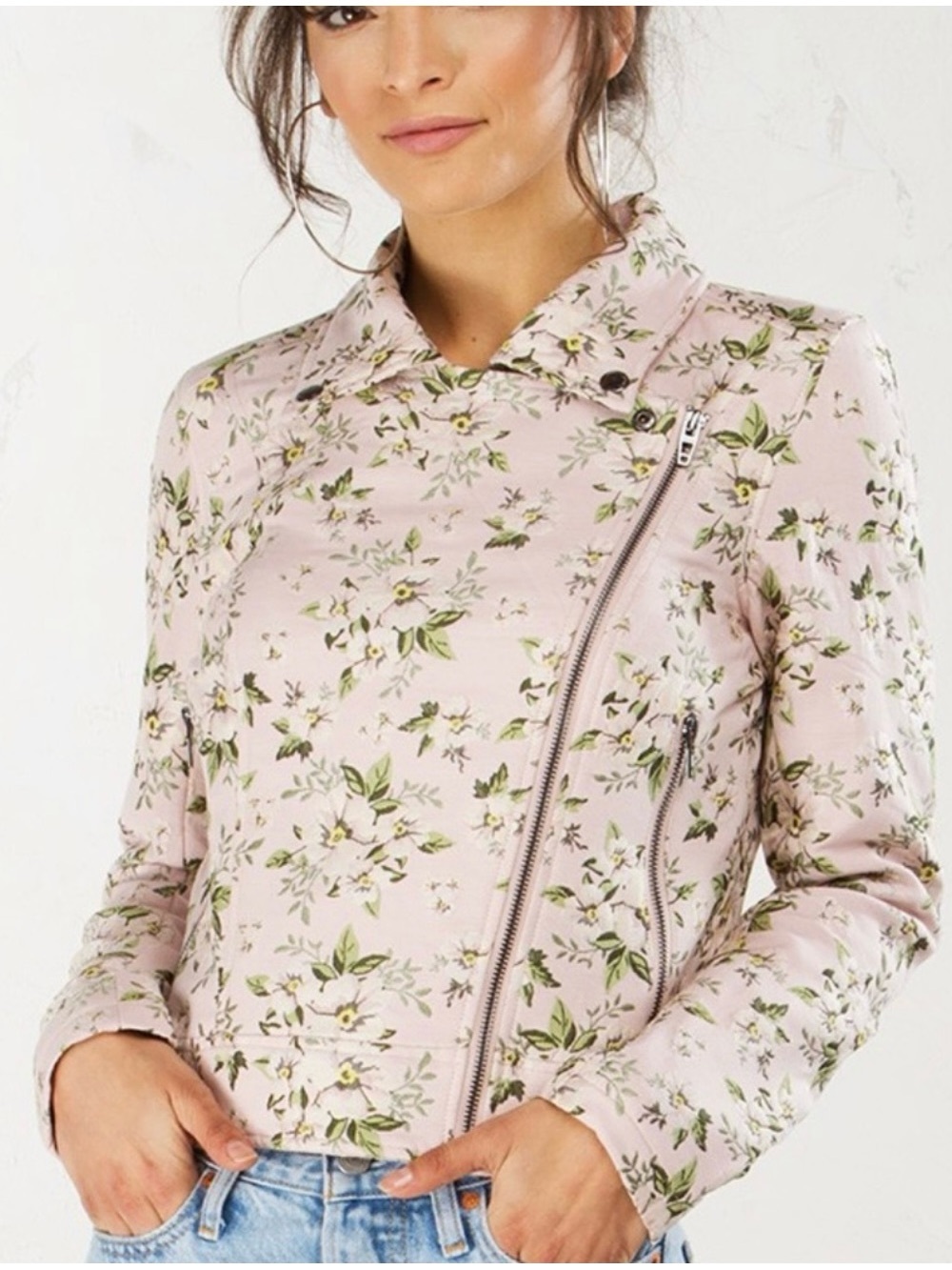 Blank NYC Pale Pink Floral Asymmetric Zip Jacket size:L